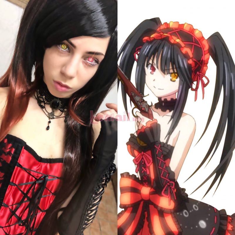 Date A Live Tokisaki Kurumi Long Straight Ponytails Black Mixed Dark Red Cosplay Wigs