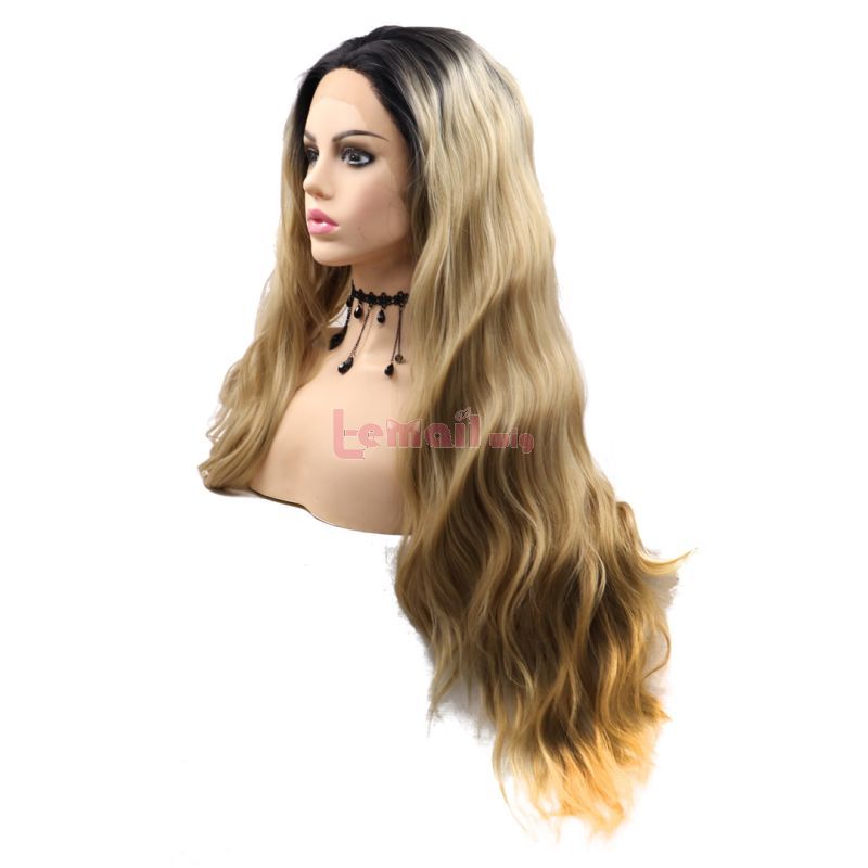 Fashion Long Curly Hair Gradient Golden Blonde Lace Front Wigs Cosplay Wigs