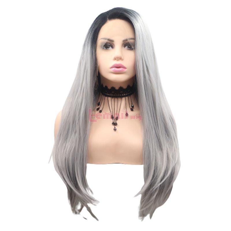 Fashion Long Straight Hair Gradient Gray Lace Front Cosplay Wigs