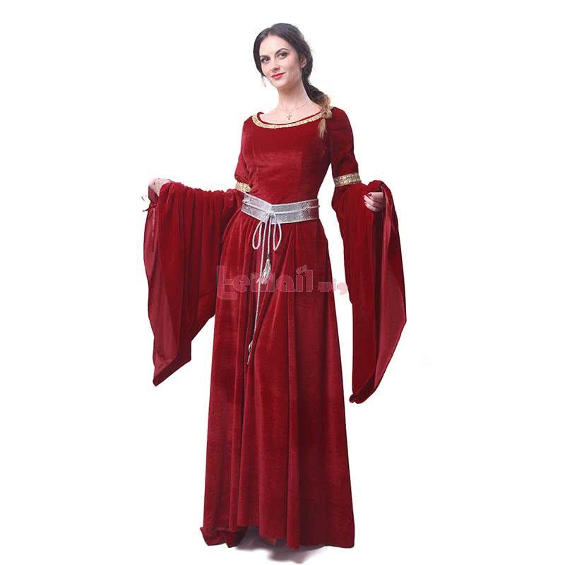 Halloween Women Wine Red Maxi Long Dress Long Wide Sleeve Elegant Retro Evening Dresses