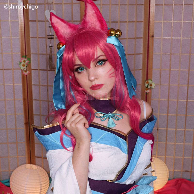 LOL Spirit Blossom Ahri Long Curly Pink Gradient Cosplay Wigs with Ears