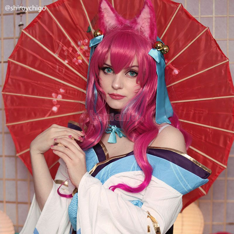 LOL Spirit Blossom Ahri Long Curly Pink Gradient Cosplay Wigs with Ears