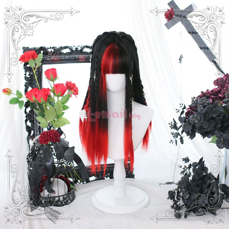Lolita Black Mixed Red Long Straight Cosplay Wigs